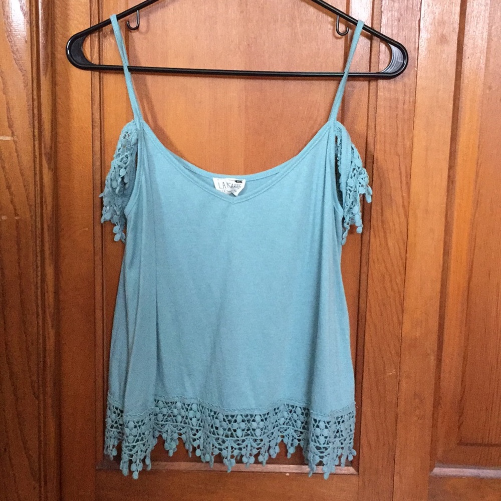 Light blue open shoulder crochet top